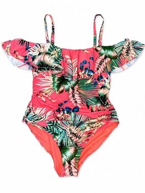 La Blanca Tropical One Piece Swimsuit 20W Pink Ruffle Off Shoulder NWT